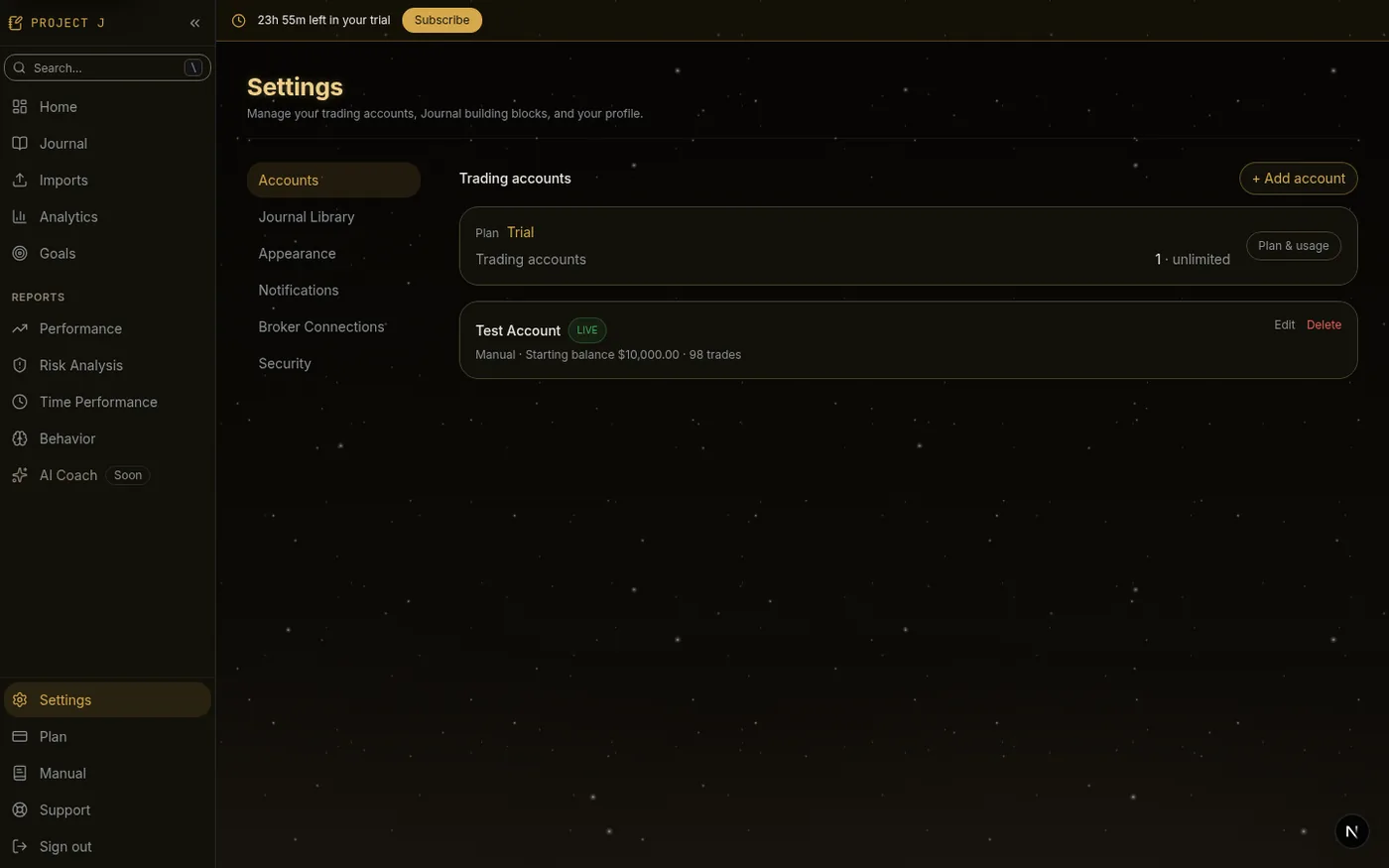 Settings, Accounts